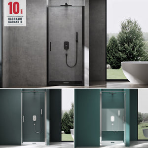 Porte de douche Glasvilla, porte de niche, cabine de douche, cabine de douche chromée et noire, porte battante, verre de sécurité trempé 8 mm avec nano-revêtement, mécanisme de levage et d'abaissement, bandes de verre clair et dépoli, Teramo36K