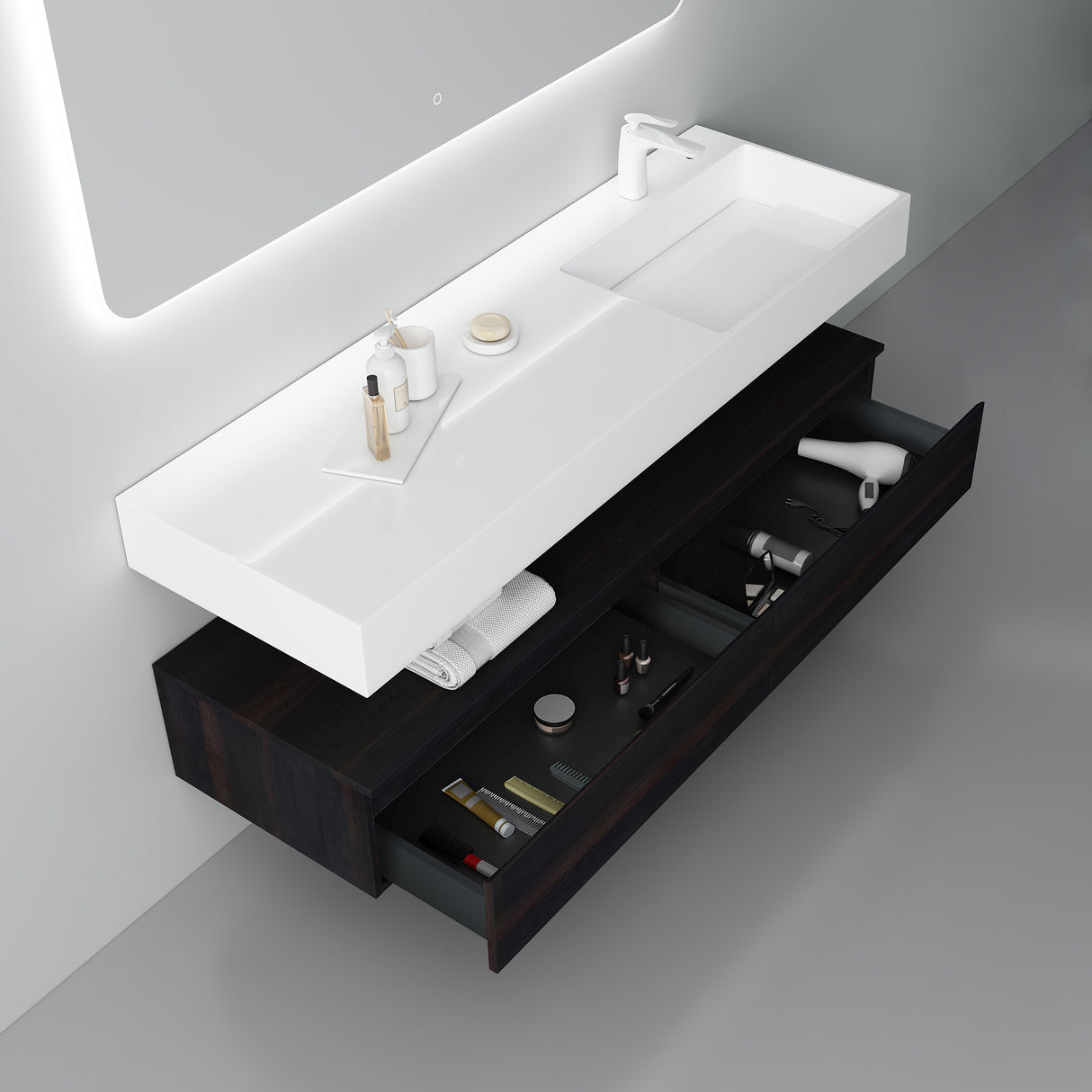Ensemble de meubles de salle de bain Glasvilla, meuble sous-vasque avec meuble bas 150 x 48 x 25 cm, tiroirs à fermeture amortie et vasque en fonte minérale UP