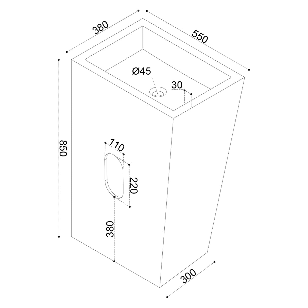 Vasque sur pied Glasvilla Design Col38 blanche, en résine minérale moulée, meuble sous-vasque, L x P x H : 60 x 42 x 90 cm