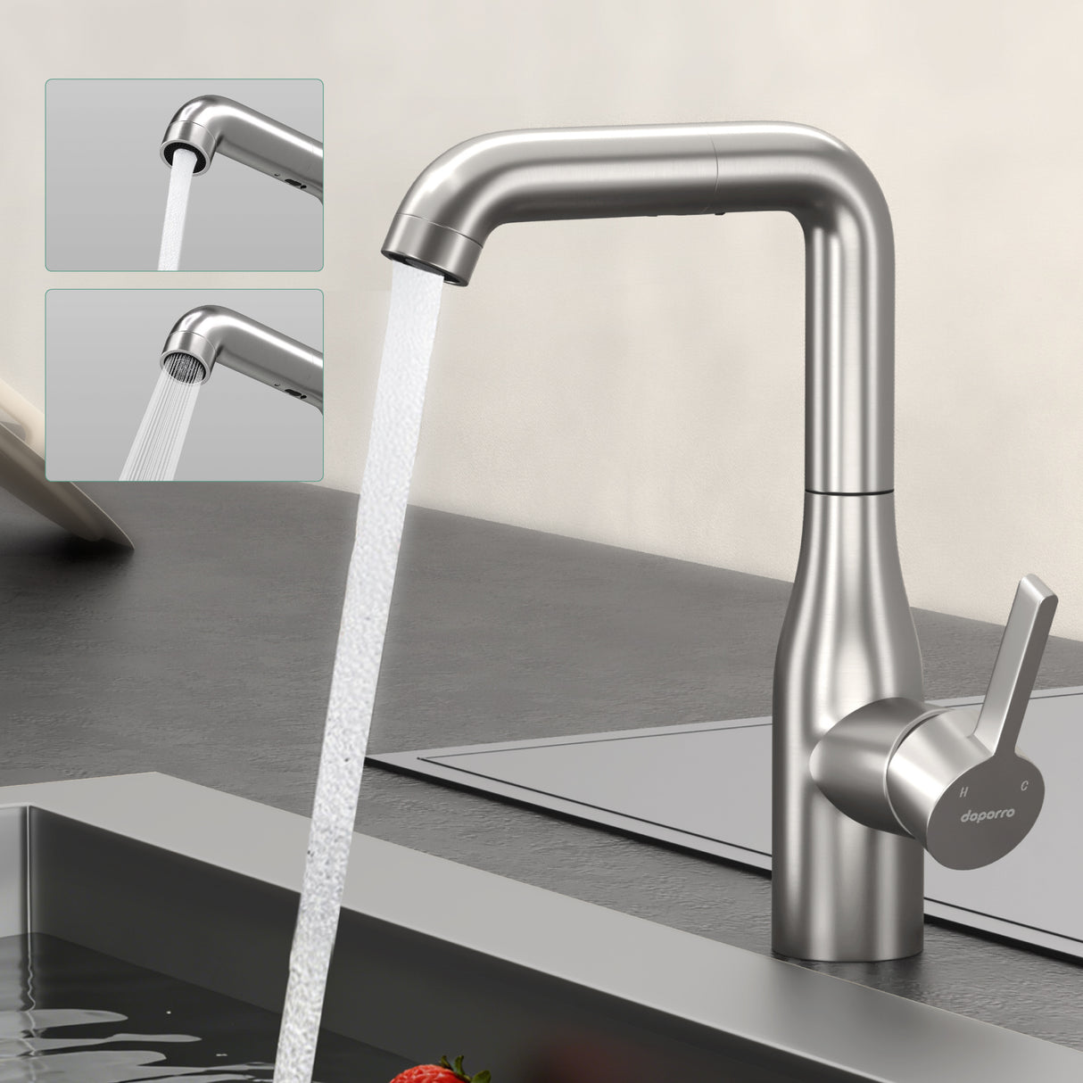 glasvilla Wasserhahn Küche Küchenarmatur mit Brause Ausziehbar, Küchenwasserhahn 360°Schwenkbar, Mischbatterie Spültischarmatur aus Edelstahl Turnix-04