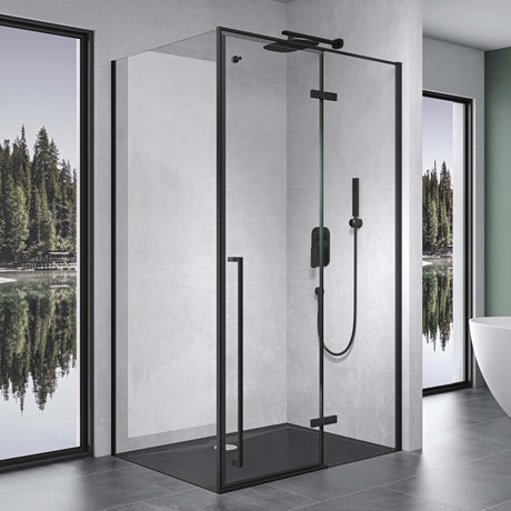 Paroi de douche Glasvilla noire, cloison de douche en verre trempé de 6 mm avec revêtement NANO en verre transparent et crochet porte-serviettes Rav64K