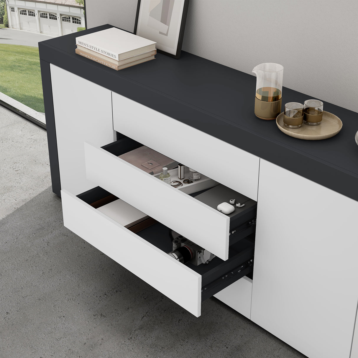 Buffet de rangement Glasvilla LTH : 167x36x70 cm avec 2 armoires et 4 tiroirs commode armoire polyvalente meuble cabinet03