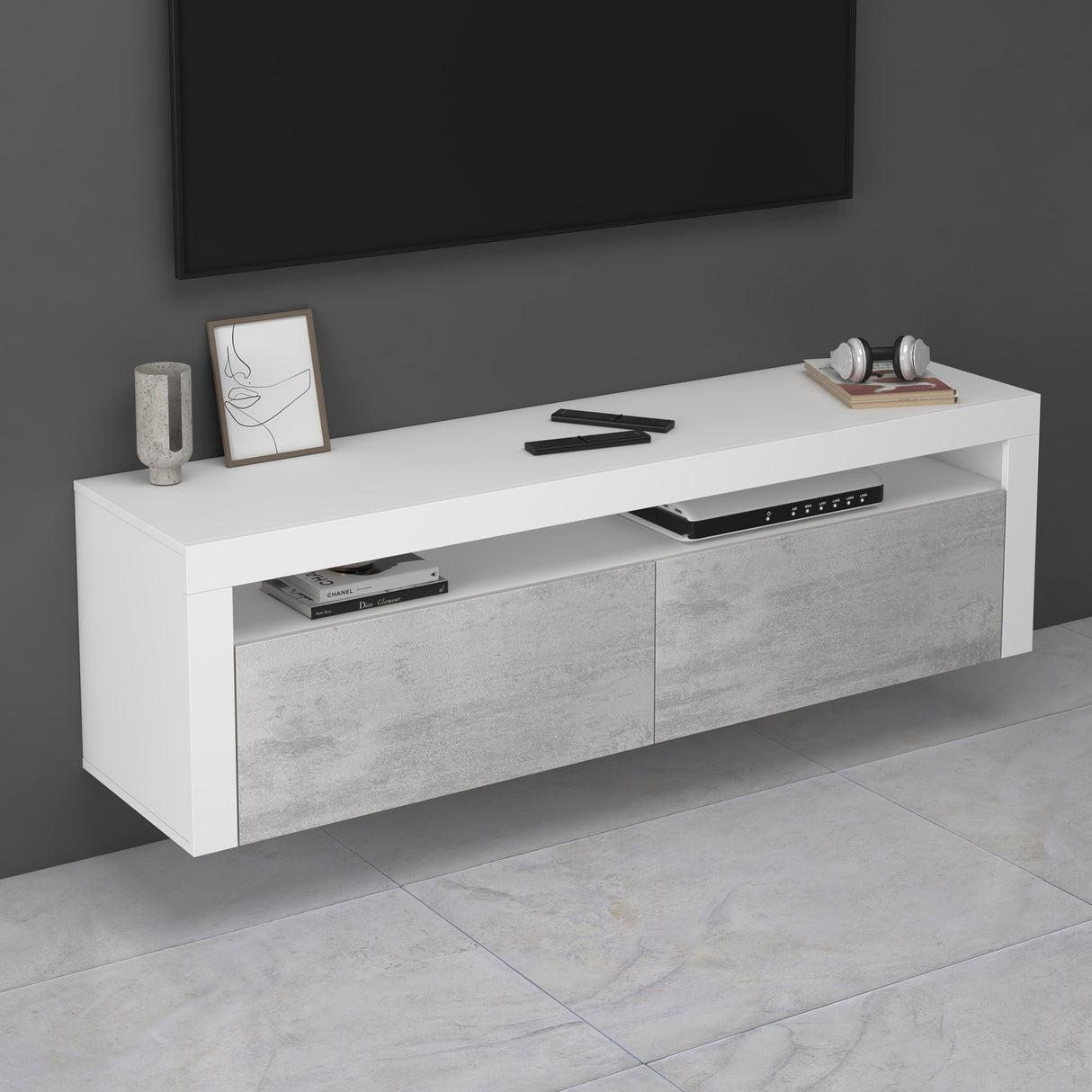 Meuble TV glasvilla Meuble TV bas meuble mural 2 portes avec fermeture amortie Table TV pour salon LTH: 160x40x46 cm Fernsehschrank01