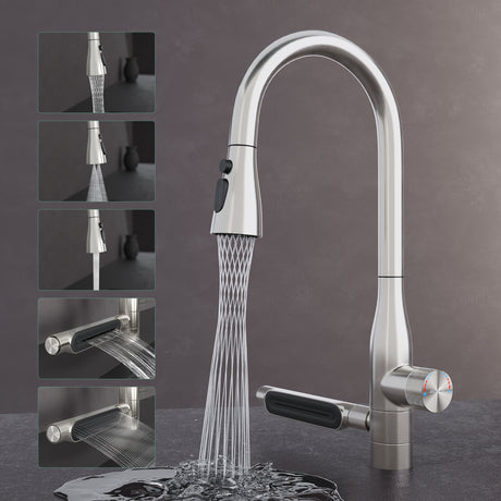 glasvilla Robinet de cuisine avec jet cascade, mitigeur d'évier de cuisine, mitigeur monocommande pivotant à 360°, robinet de cuisine en acier inoxydable argenté Turnix-03