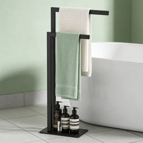 glasvilla Porte-serviettes sur pied à 2 barres, Porte-serviettes sans perçage en acier inoxydable, Porte-serviettes de bain autoportant Tavrin-02