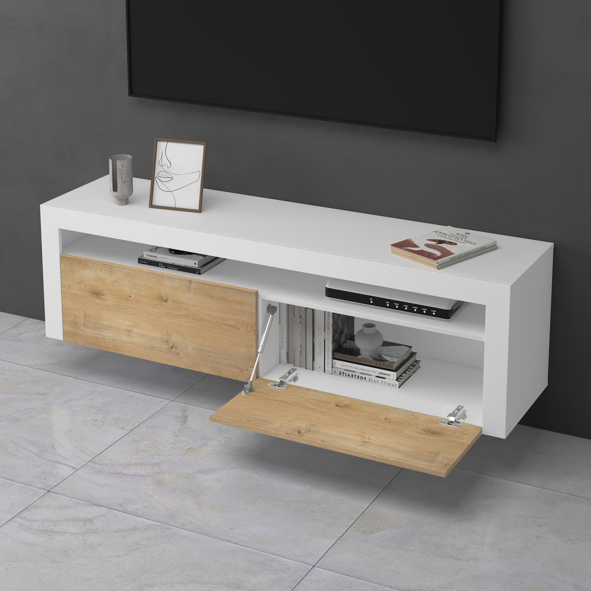 Meuble TV glasvilla Meuble TV bas meuble mural 2 portes avec fermeture amortie Table TV pour salon LTH: 160x40x46 cm Fernsehschrank01