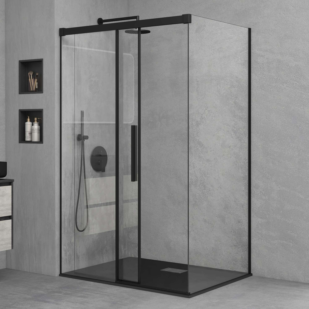 glasvilla Duschkabine Schiebetür 6mm ESG-Sicherheitsglas Duschabtrennung Soft-Close-Mechanismus Seitenanstieg Ravenna12K Schwarz