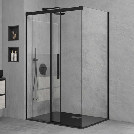 glasvilla Duschkabine Schiebetür 6mm ESG-Sicherheitsglas Duschabtrennung Soft-Close-Mechanismus Seitenanstieg Ravenna12K Schwarz