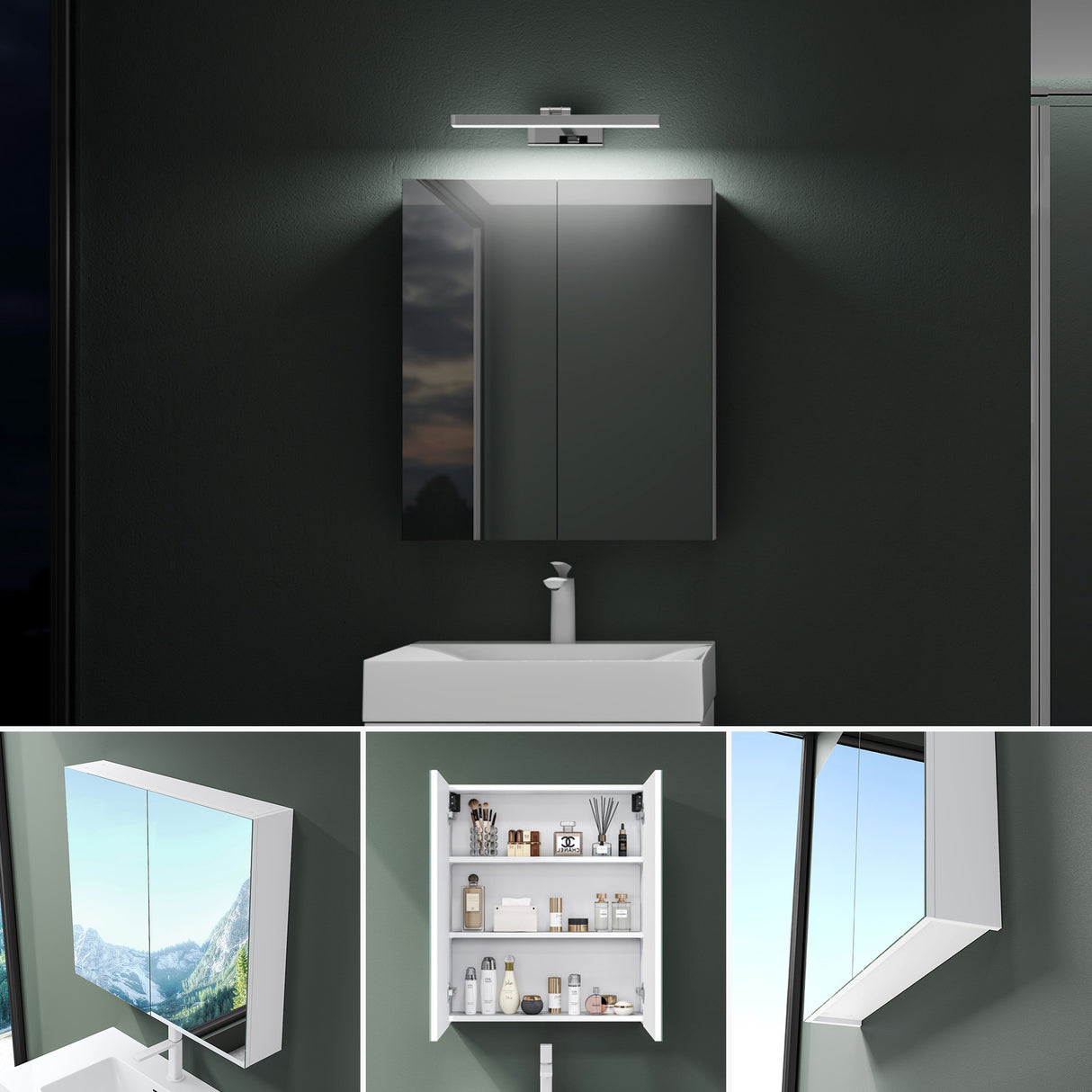 glasvilla Spiegelschrank mit Spiegellampe Badezimmerschrank Spiegelleuchte 180° Drehbar LED Badlampe Strahlenschön