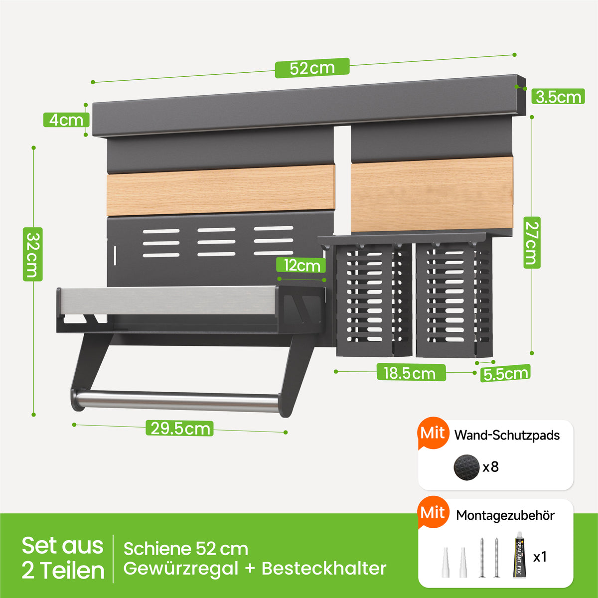 glasvilla -Stöckiges Gewürzregal Küche mit Handyhalter und Utensilientöpfe inkl. 5 Haken, Multifunktional Küchenregal abnehmbar mit Schiene , Küchen Organizer Reglo-09-12