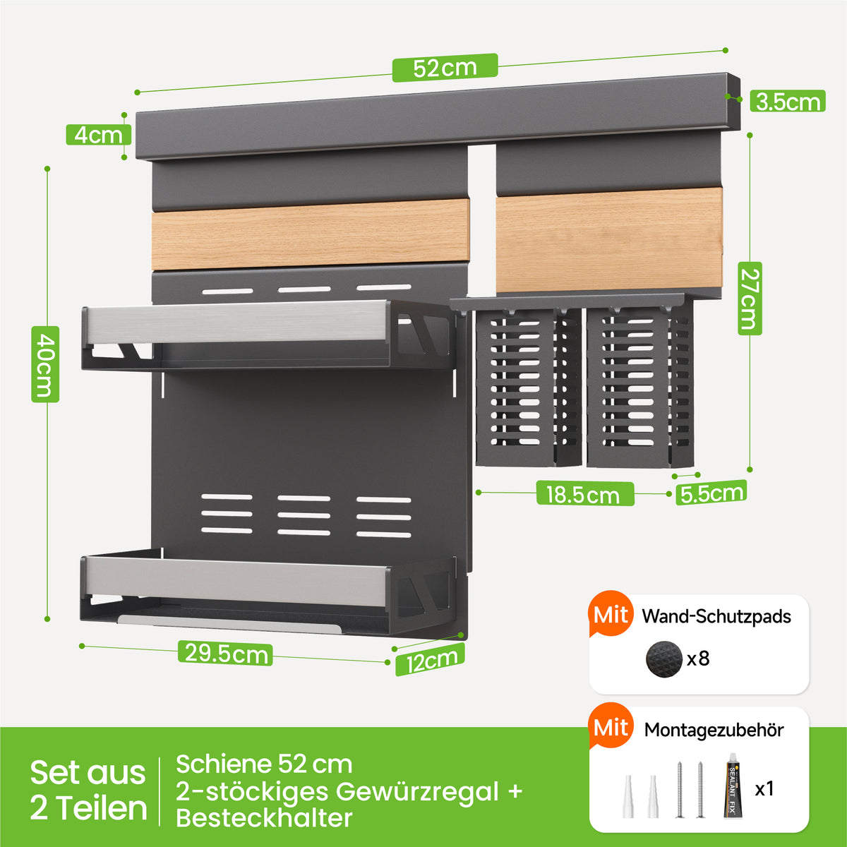 glasvilla -Stöckiges Gewürzregal Küche mit Handyhalter und Utensilientöpfe inkl. 5 Haken, Multifunktional Küchenregal abnehmbar mit Schiene , Küchen Organizer Reglo-09-12