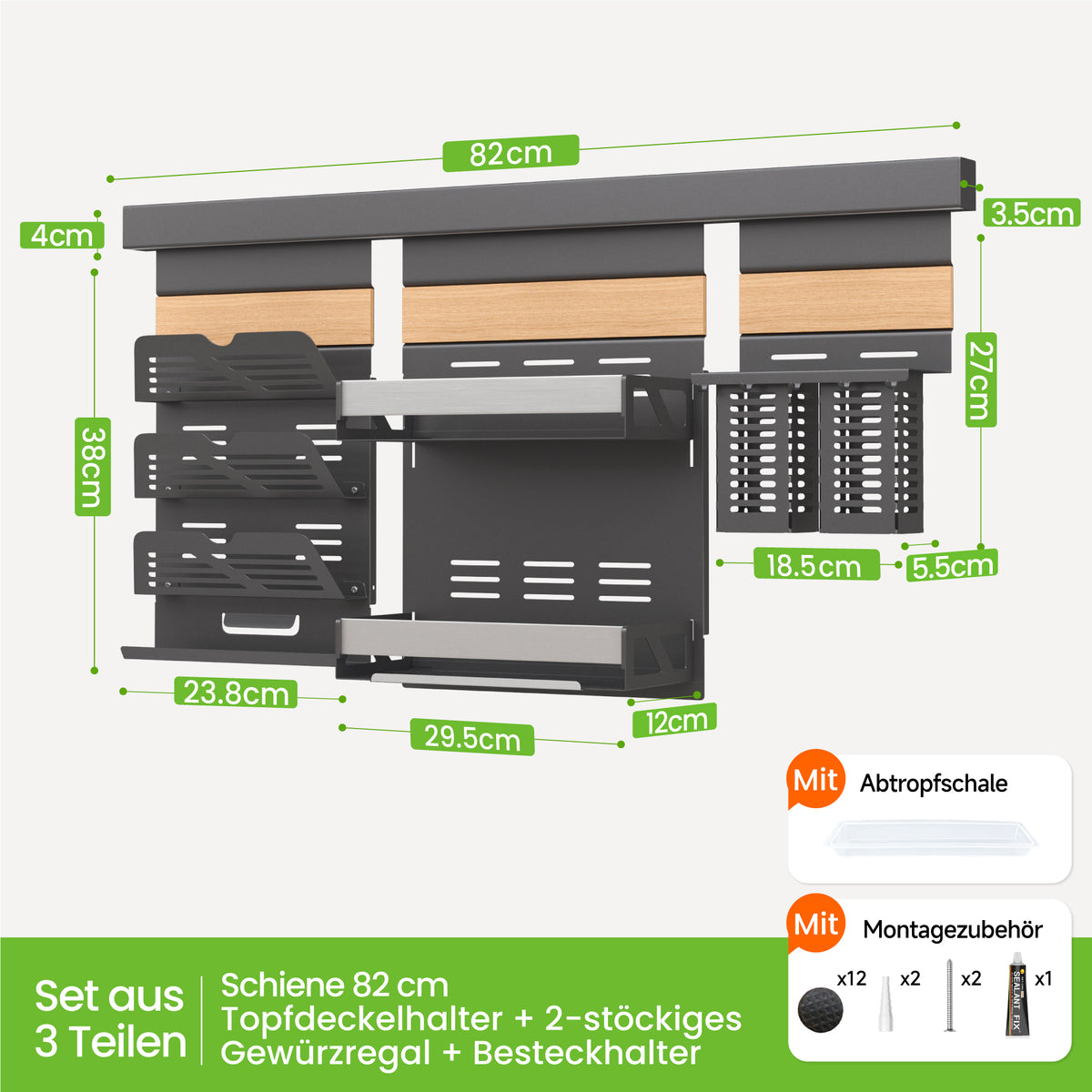 glasvilla -Stöckiges Gewürzregal Küche mit Handyhalter und Utensilientöpfe inkl. 5 Haken, Multifunktional Küchenregal abnehmbar mit Schiene , Küchen Organizer Reglo-09-12