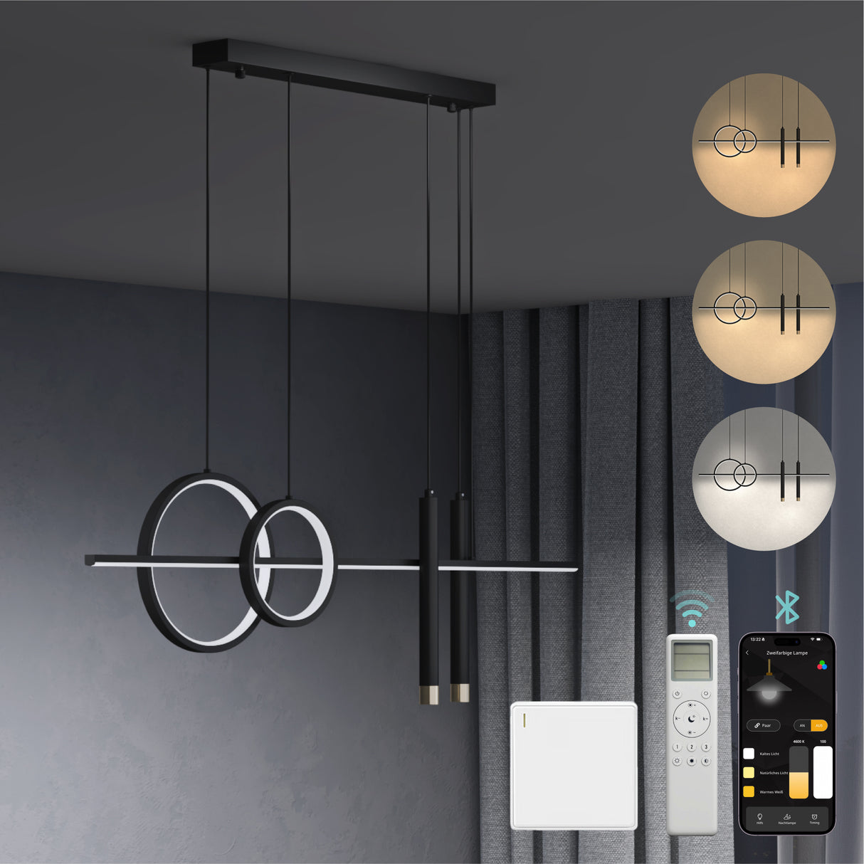 glasvilla Pendelleuchte 100cm LED Hängelampe Linear design 3000K/4200K/6000K Verstellbares Kabel 30W Hängeleuchte Alivetta2256