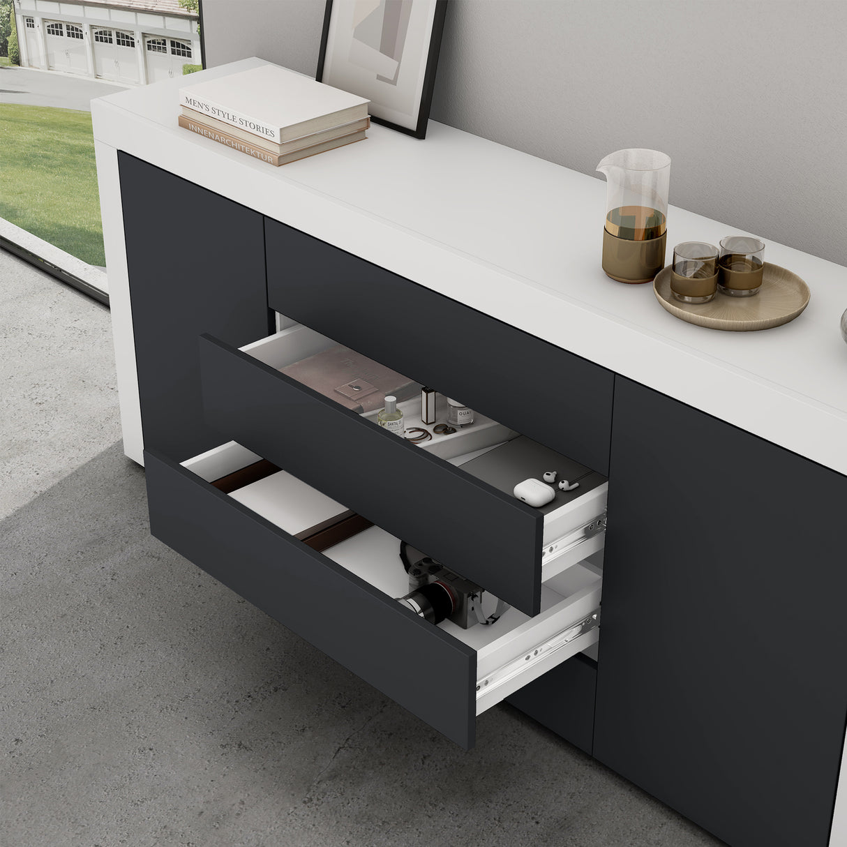 Buffet de rangement Glasvilla LTH : 167x36x70 cm avec 2 armoires et 4 tiroirs commode armoire polyvalente meuble cabinet03