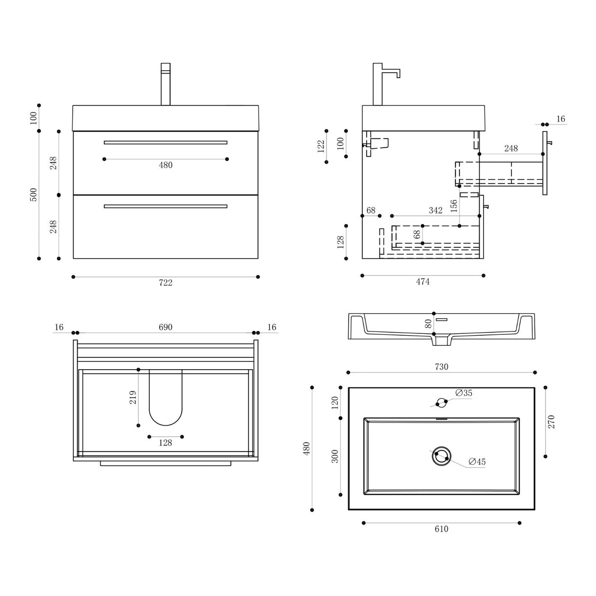 glasvilla Badmöbel-Set Waschbeckenunterschrank Waschtisch mit Unterschrank inkl. Mineralguss-Waschbecken Quadratto
