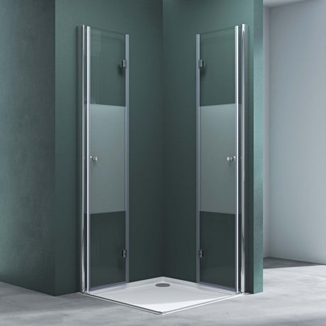 Porte de douche pliante Glasvilla 180° en ESG partiellement satiné, porte de douche pliante et rabattable effet lotus NANO, entrée d'angle R26