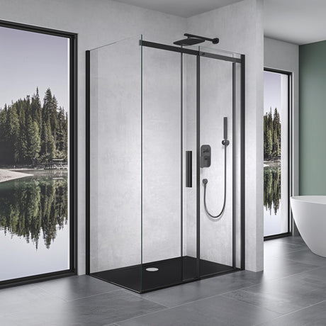 Cabine de douche Glasvilla en verre de sécurité noir de 8 mm avec douche d'angle NANO à porte coulissante Ravenna18