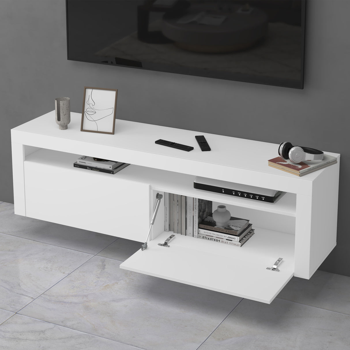 Meuble TV glasvilla Meuble TV bas meuble mural 2 portes avec fermeture amortie Table TV pour salon LTH: 160x40x46 cm Fernsehschrank01