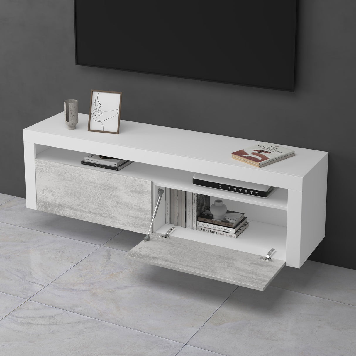 Meuble TV glasvilla Meuble TV bas meuble mural 2 portes avec fermeture amortie Table TV pour salon LTH: 160x40x46 cm Fernsehschrank01