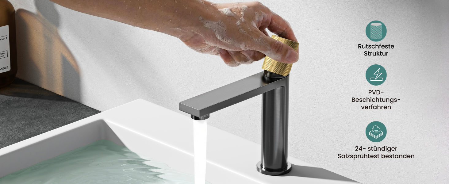 glasvilla Robinet de salle de bain Mitigeur lavabo Mélangeur monocommande Robinet de salle de bain en acier inoxydable avec fonction d'économie d'eau Raccordements DIN Fino-01