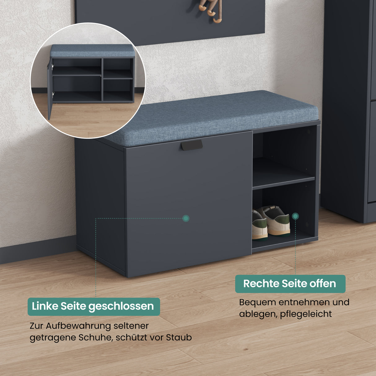 glasvilla Schuhbank mit Sitzfläche, Schuhregal mit Schiebetüren und offenen Fächern, gepolsterter Sitz, verstellbare Ablagen  80x37x50cm Zitta-01