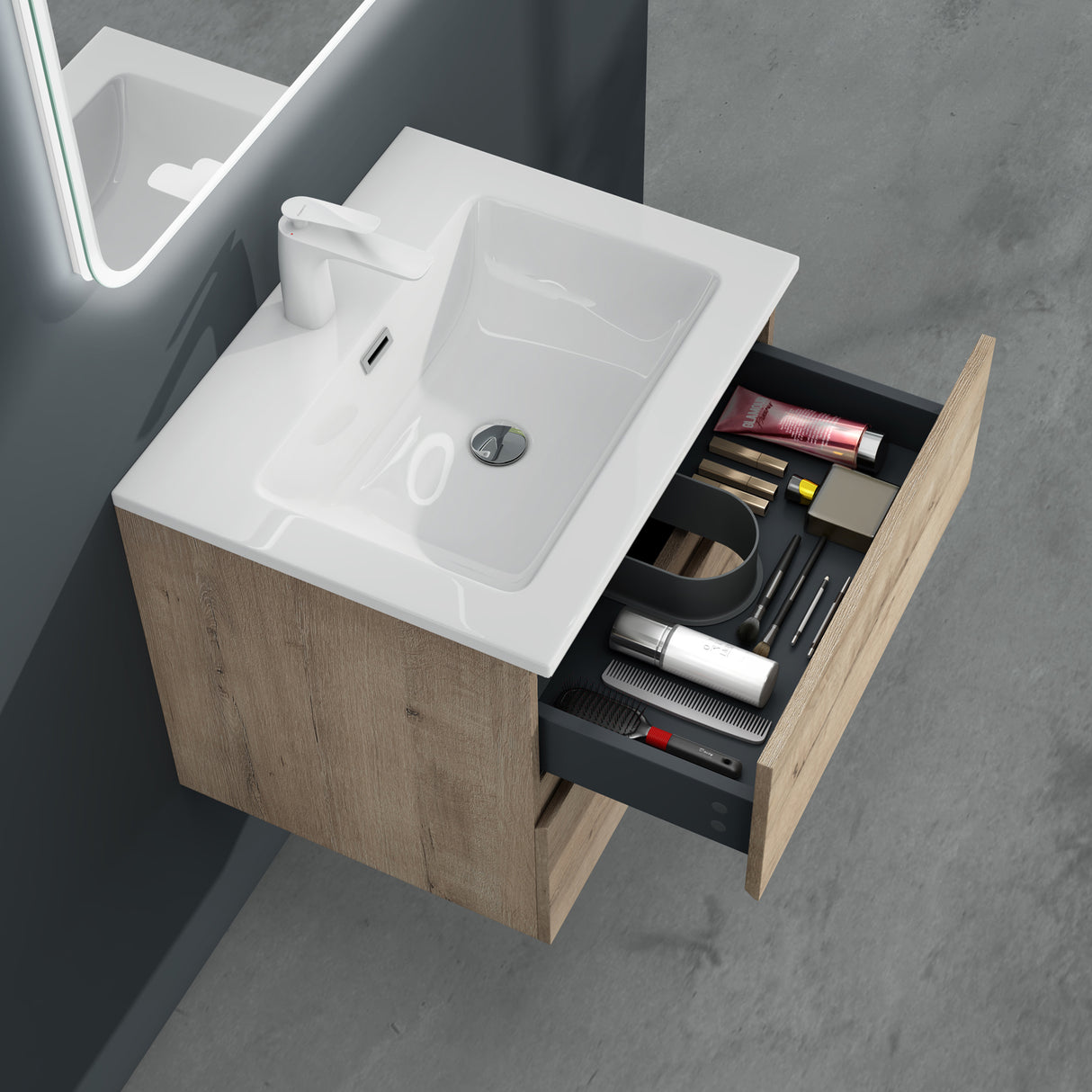 Ensemble de meubles de salle de bain Glasvilla, meuble sous-vasque avec meuble bas, vasque en fonte minérale, meuble sous-vasque 2 tiroirs à fermeture amortie Aqualis