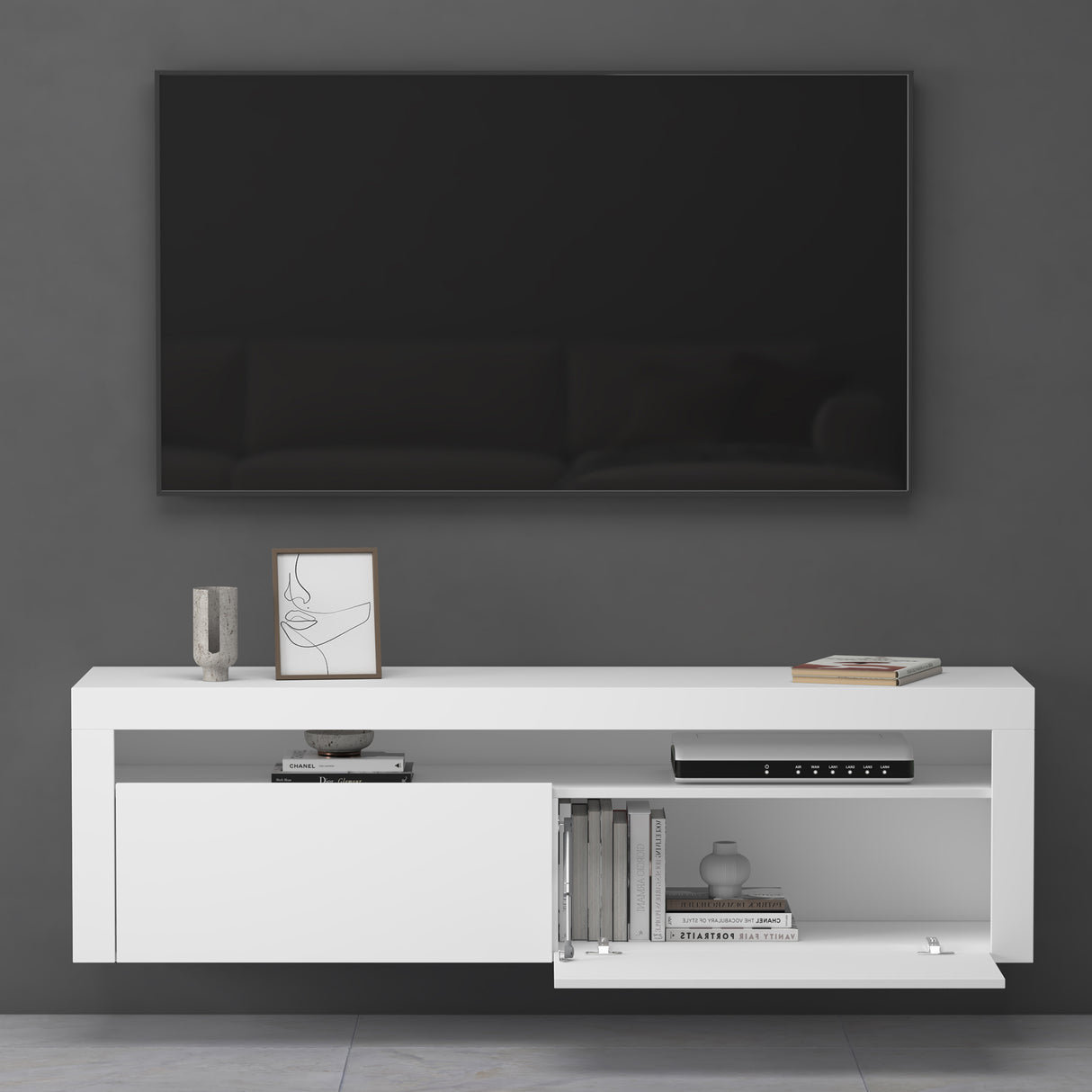 Meuble TV glasvilla Meuble TV bas meuble mural 2 portes avec fermeture amortie Table TV pour salon LTH: 160x40x46 cm Fernsehschrank01