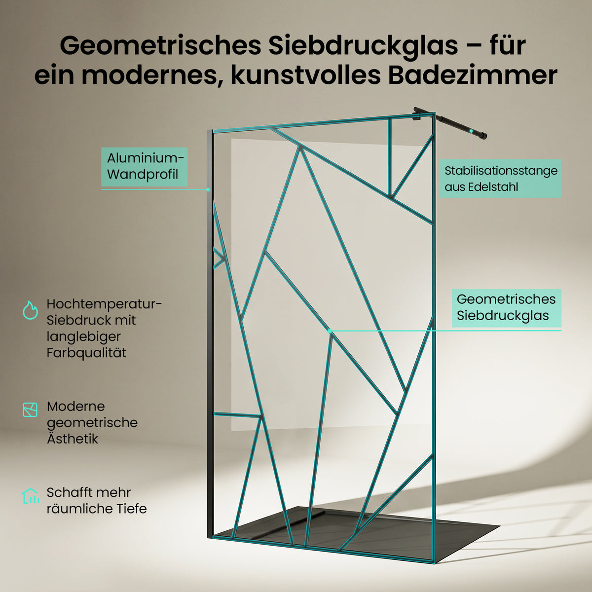 glasvilla Duschwand für Dusche Duschabtrennung  Walk-In Dusche  Duschtrennwand Schwarz 8mm ESG-Sicherheitsglas NANO Klarglas mit geometrischem Design MMBR3 Bremen01Plus-GM