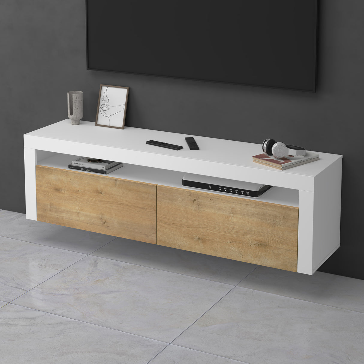 Meuble TV glasvilla Meuble TV bas meuble mural 2 portes avec fermeture amortie Table TV pour salon LTH: 160x40x46 cm Fernsehschrank01