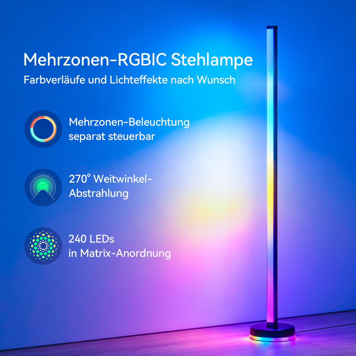 glasvilla Stehlampe Wohnzimmer Dimmbar, RGBICWW Stehlampe mit reinem Warmweiß & 16 Millionen Farben, App & Fernbedienung, Musik-Sync, 270° Licht, Timer, für Schlafzimmer Gaming, Lineora-01