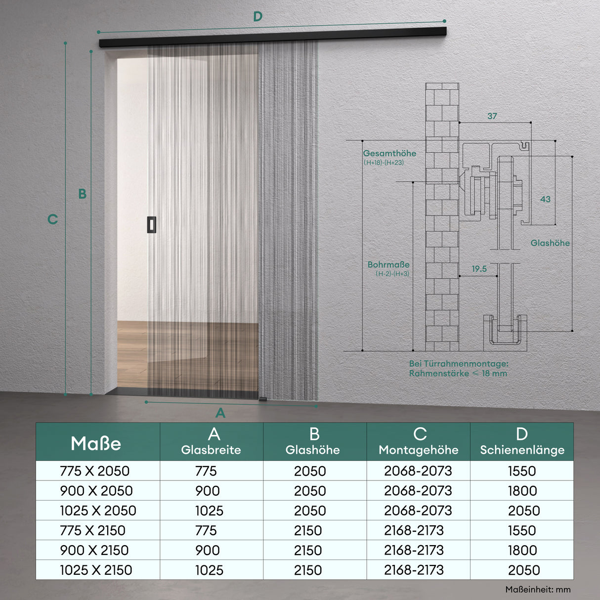 Ensemble complet de porte coulissante en verre Glasvilla, porte intérieure, noir mat, verre de sécurité trempé de 8 mm, porte coulissante, verre noir brossé avec rail en aluminium, Muranino-001 