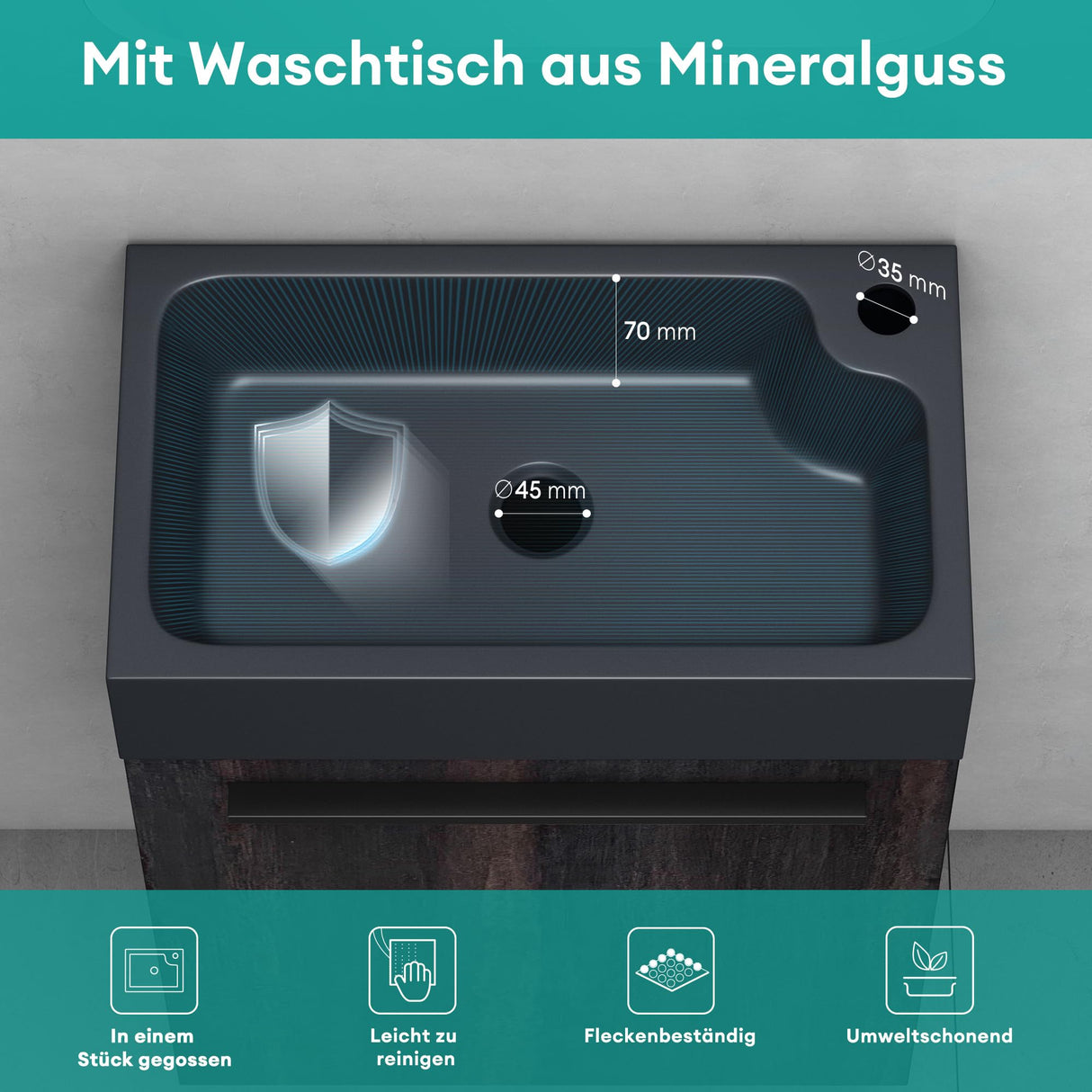 Ensemble de meubles de salle de bain Glasvilla, meuble de salle de bain avec meuble sous-vasque, lavabo anthracite mat et miroir de salle de bain LED, L x P x H 46 x 26 x 63 cm, Pise