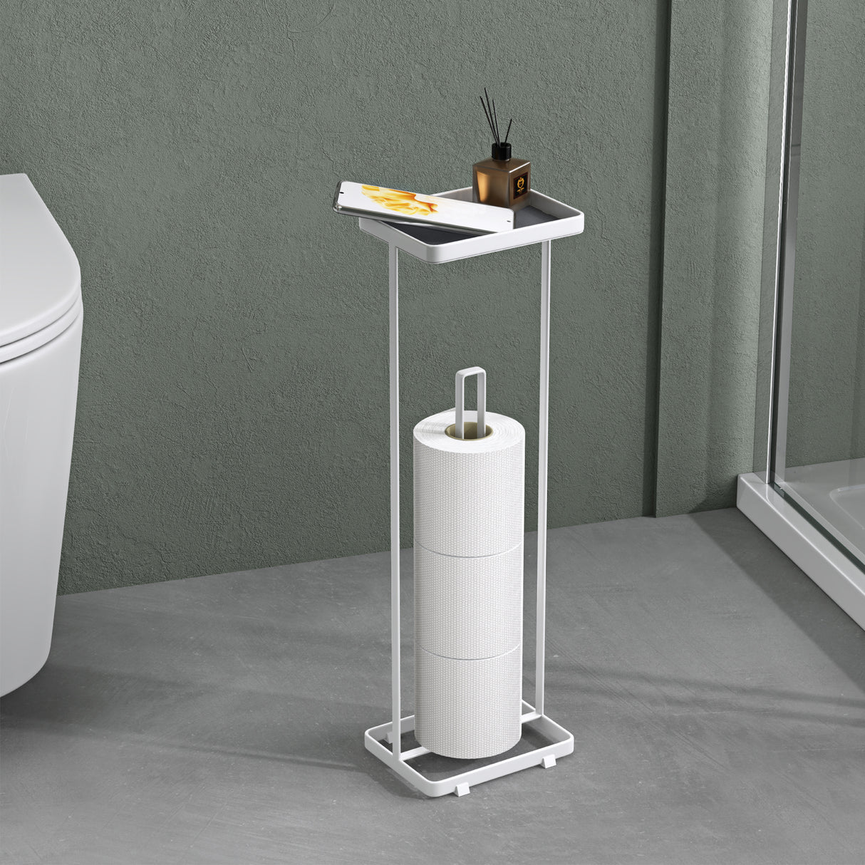 soporte de papel higiénico glasvilla de pie con estante soporte de rollos de inodoro soporte de papel higiénico independiente soporte de rollos de WC 16x12x52cm Reglo-04