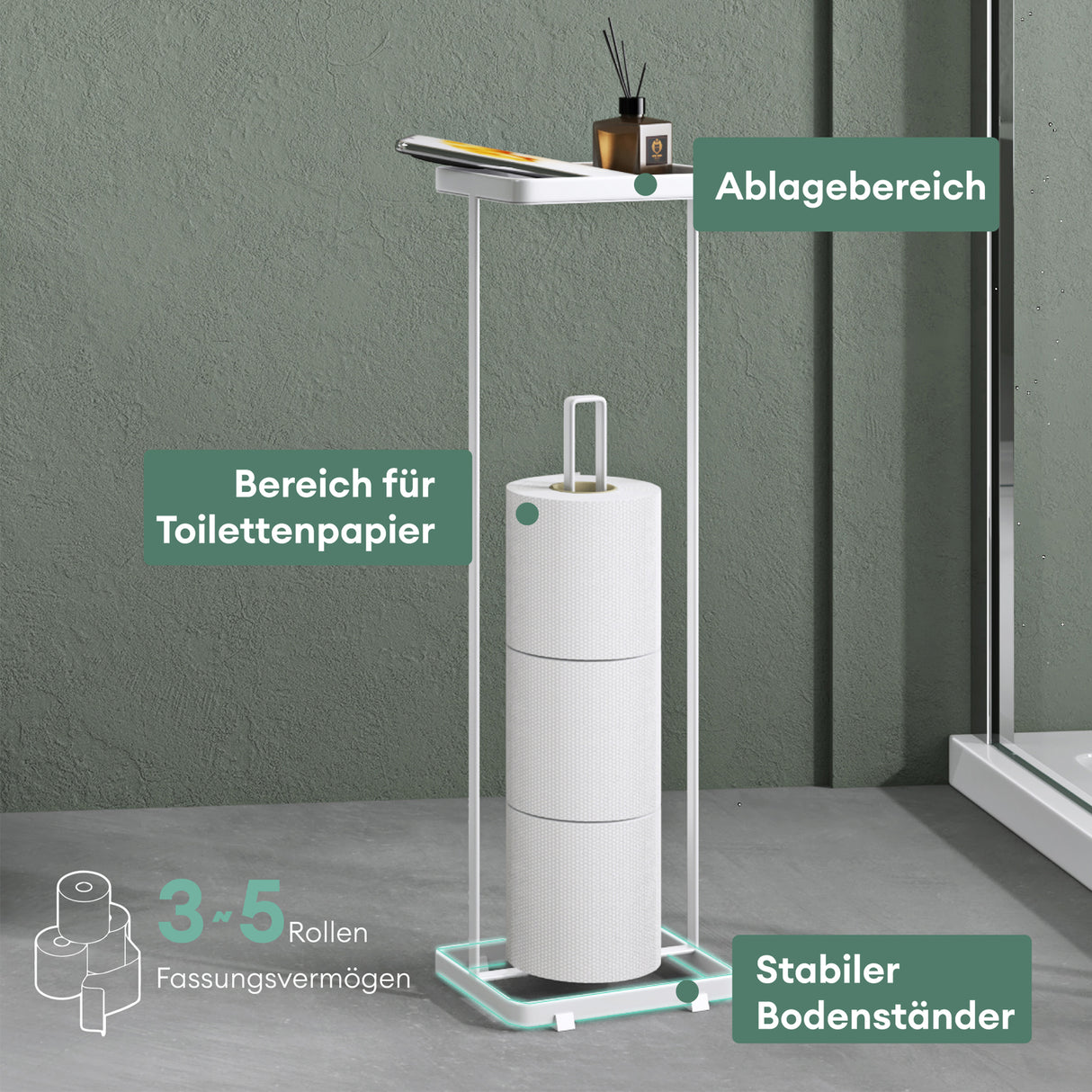 soporte de papel higiénico glasvilla de pie con estante soporte de rollos de inodoro soporte de papel higiénico independiente soporte de rollos de WC 16x12x52cm Reglo-04
