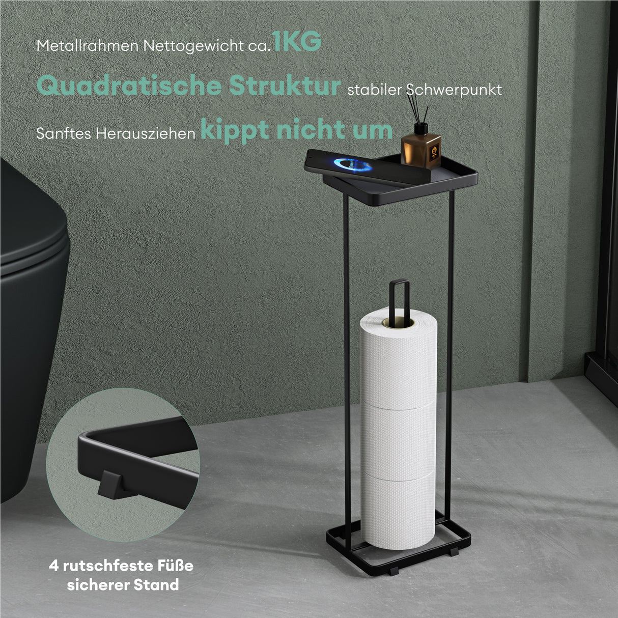 soporte de papel higiénico glasvilla de pie con estante soporte de rollos de inodoro soporte de papel higiénico independiente soporte de rollos de WC 16x12x52cm Reglo-04