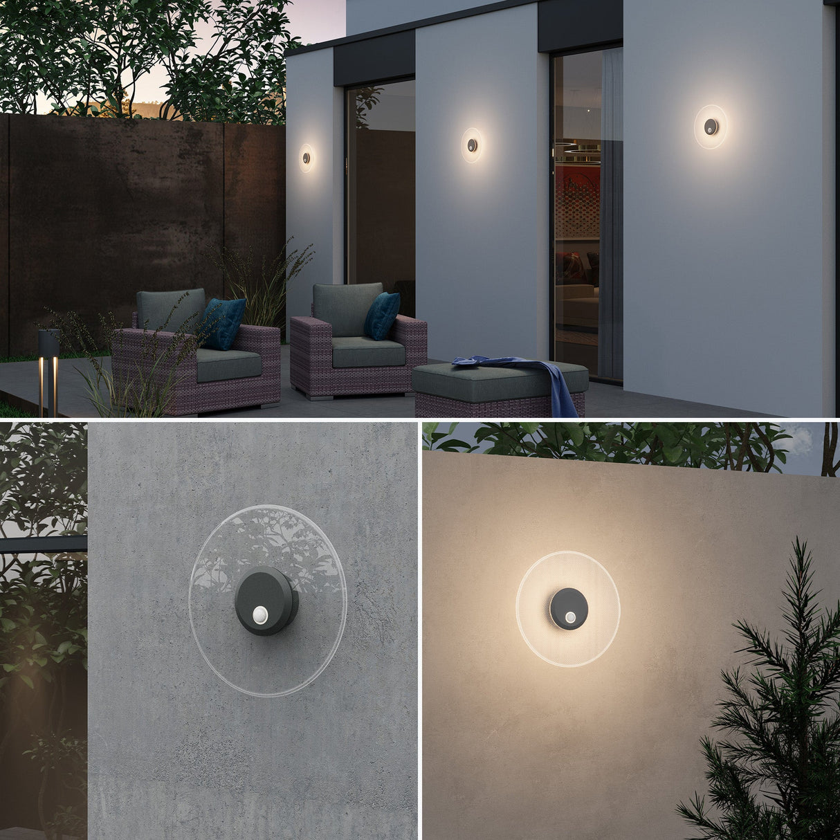 Applique murale d'extérieur glasvilla 6W LED | Luminaire d'extérieur pour chemin de jardin, 3000K avec détecteur de mouvement | Lampe d'extérieur ⌀300X65mm IP65 LunaLights 