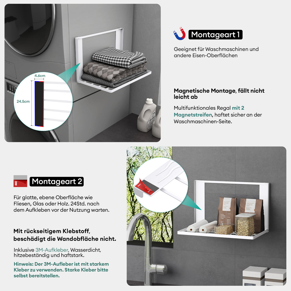 glasvolla Handtuchhalter Badetuchhalter Magnetische Regale für Waschmaschine Klappregal Wandregal ohne Bohren 41x25cm Multifunktionaler Regal für Kühlschrankseit, Bad, Küche Folda-01