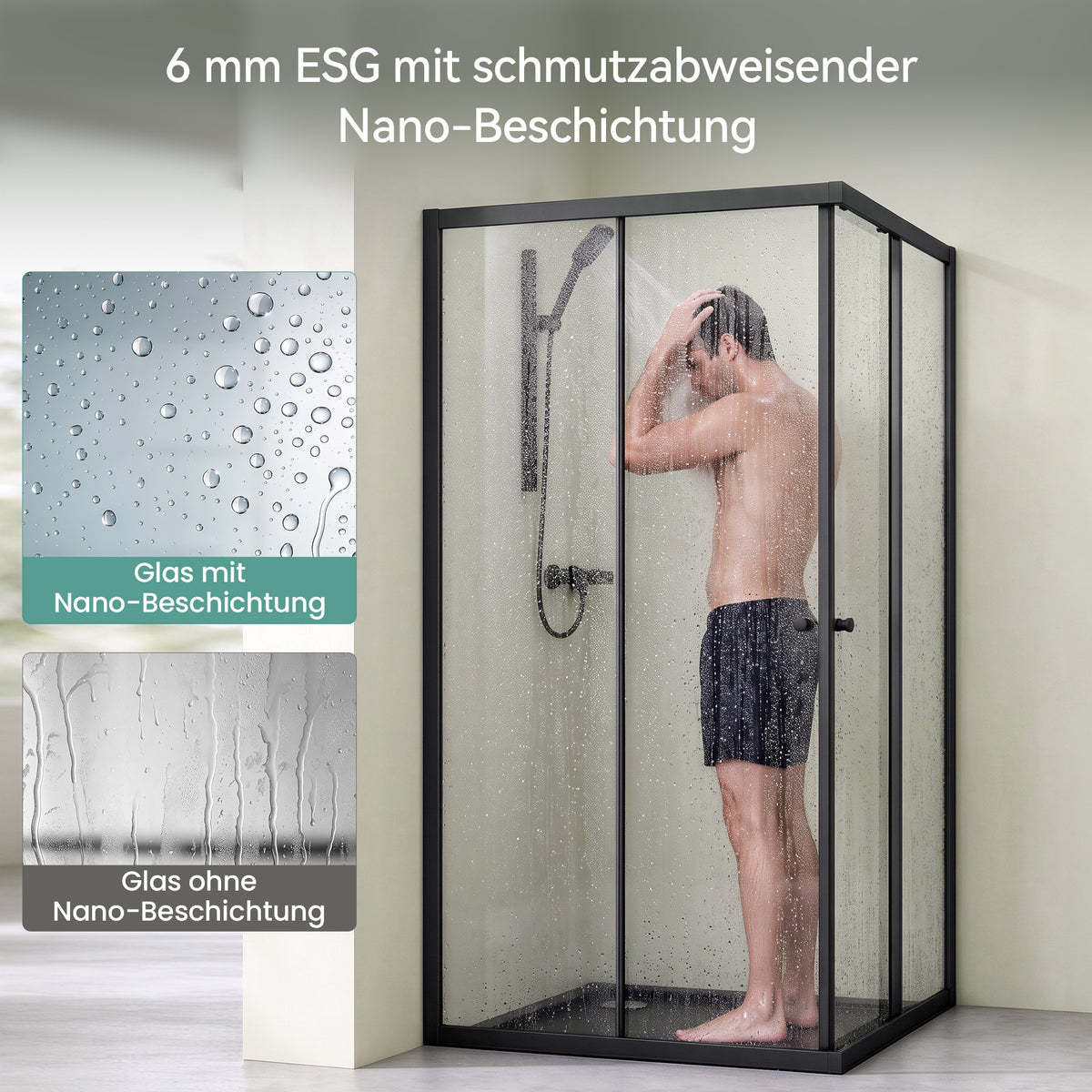 glasvilla Duschkabine con puerta corredera doble puerta de ducha entrada de esquina vidrio real efecto loto 6mm vidrio de seguridad ESG Ravenna16K negro