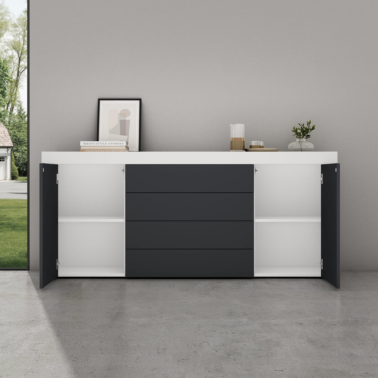 Buffet de rangement Glasvilla LTH : 167x36x70 cm avec 2 armoires et 4 tiroirs commode armoire polyvalente meuble cabinet03