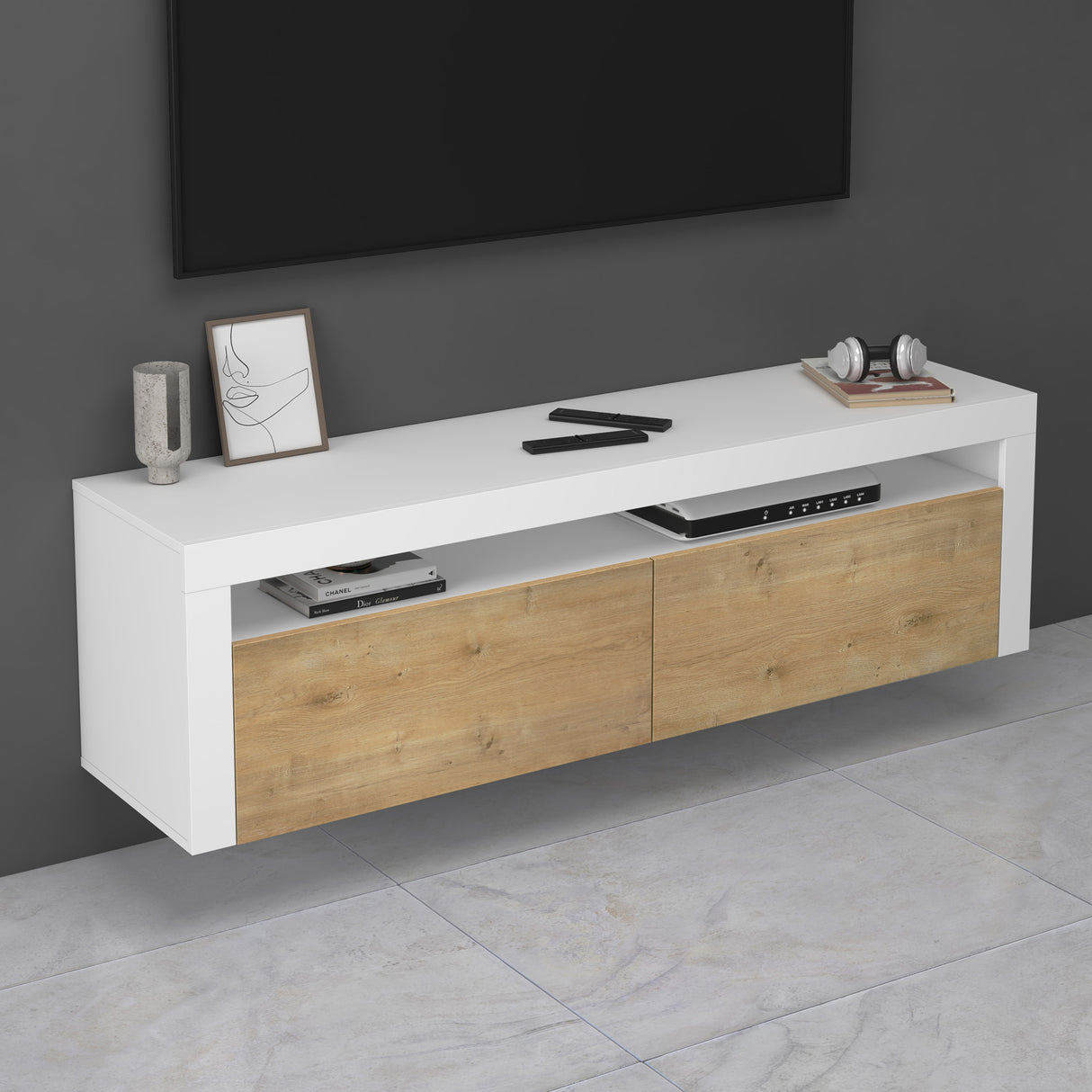 Meuble TV glasvilla Meuble TV bas meuble mural 2 portes avec fermeture amortie Table TV pour salon LTH: 160x40x46 cm Fernsehschrank01