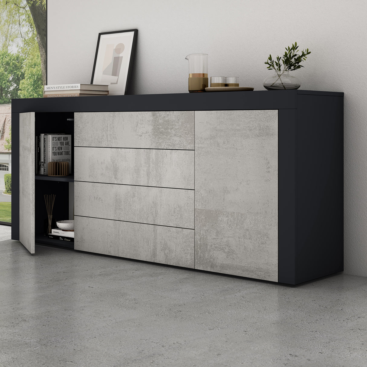 Buffet de rangement Glasvilla LTH : 167x36x70 cm avec 2 armoires et 4 tiroirs commode armoire polyvalente meuble cabinet03