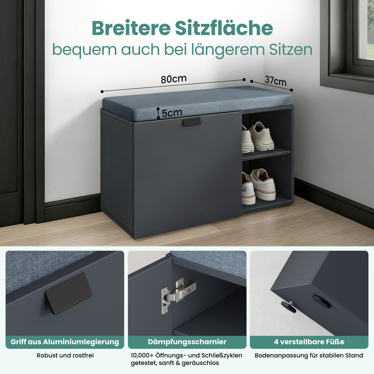 glasvilla Schuhbank mit Sitzfläche, Schuhregal mit Schiebetüren und offenen Fächern, gepolsterter Sitz, verstellbare Ablagen  80x37x50cm Zitta-01