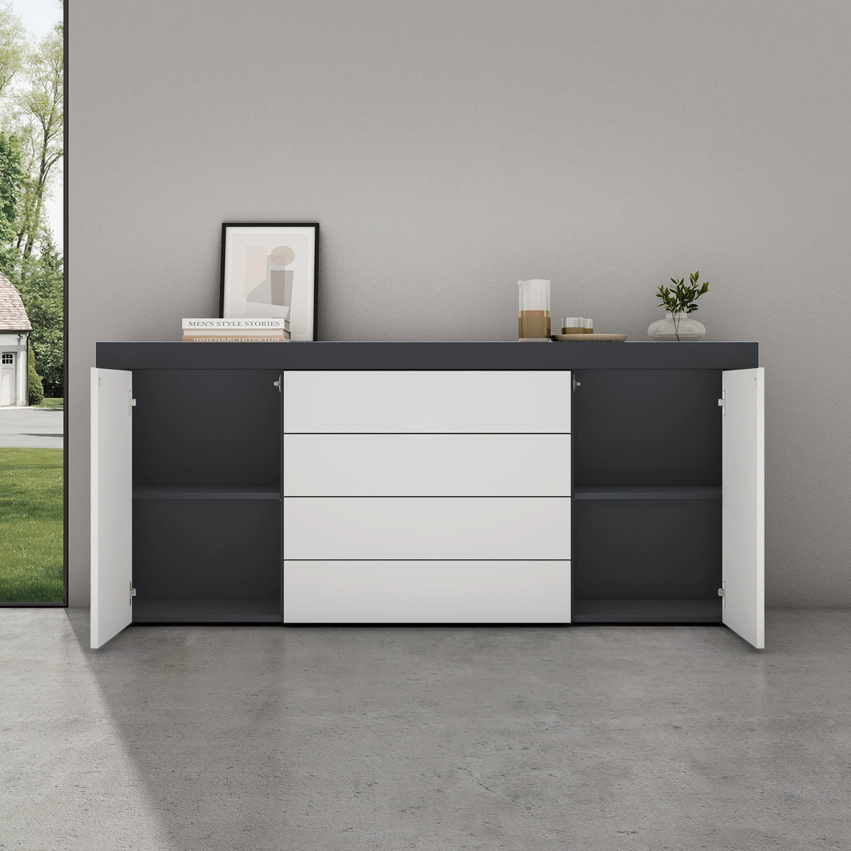 Buffet de rangement Glasvilla LTH : 167x36x70 cm avec 2 armoires et 4 tiroirs commode armoire polyvalente meuble cabinet03
