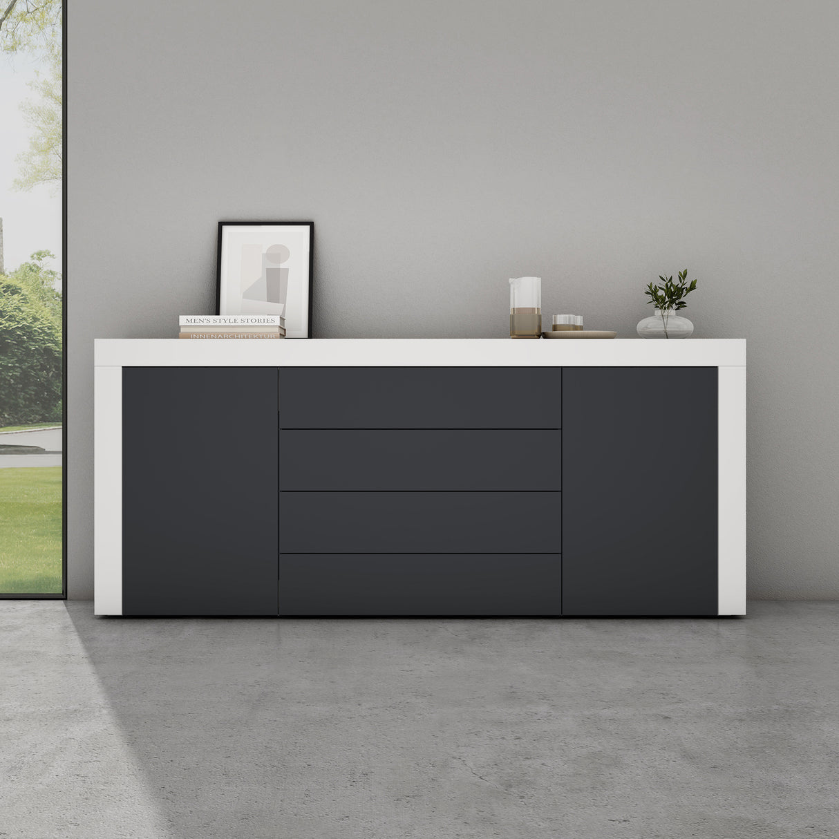 Buffet de rangement Glasvilla LTH : 167x36x70 cm avec 2 armoires et 4 tiroirs commode armoire polyvalente meuble cabinet03