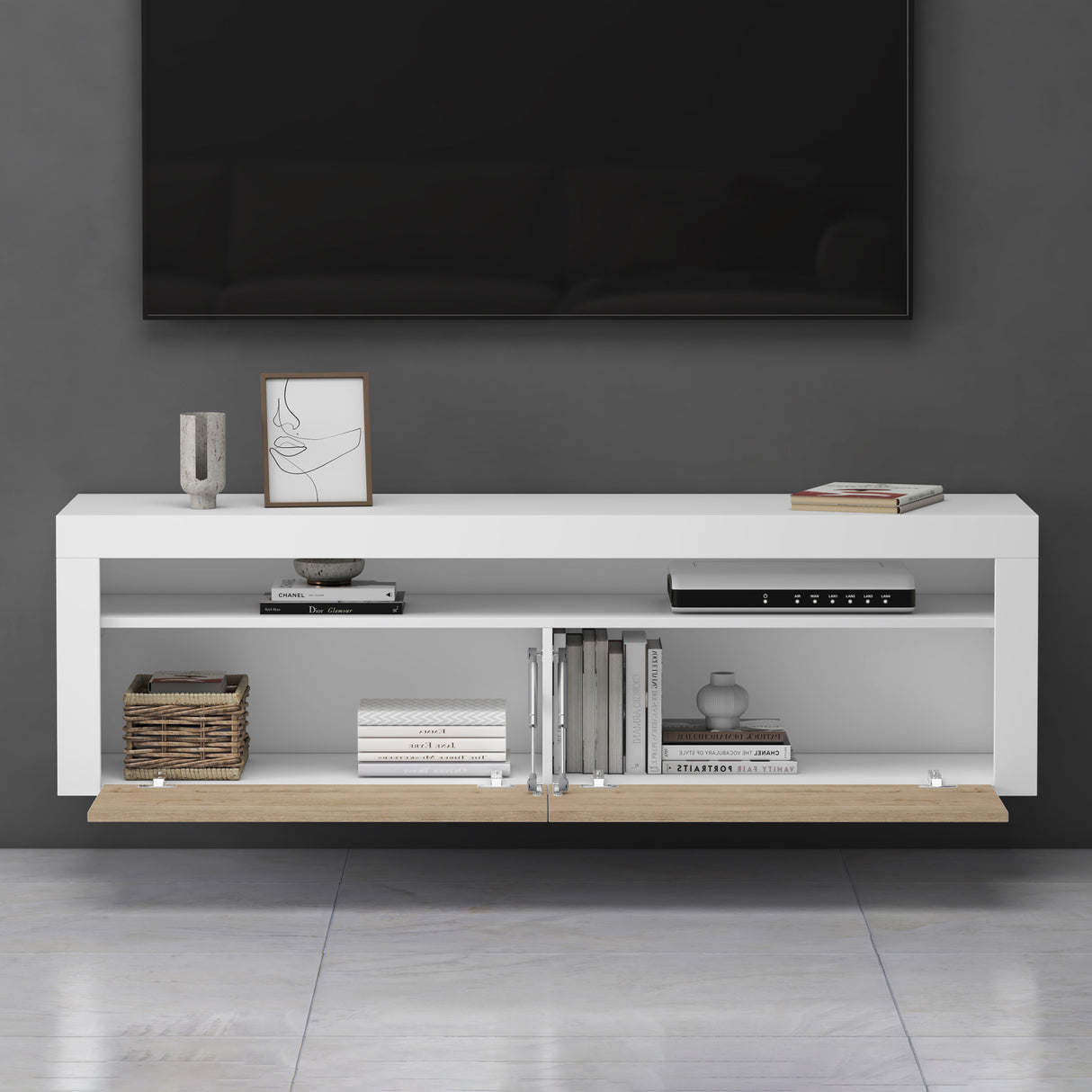 Meuble TV glasvilla Meuble TV bas meuble mural 2 portes avec fermeture amortie Table TV pour salon LTH: 160x40x46 cm Fernsehschrank01