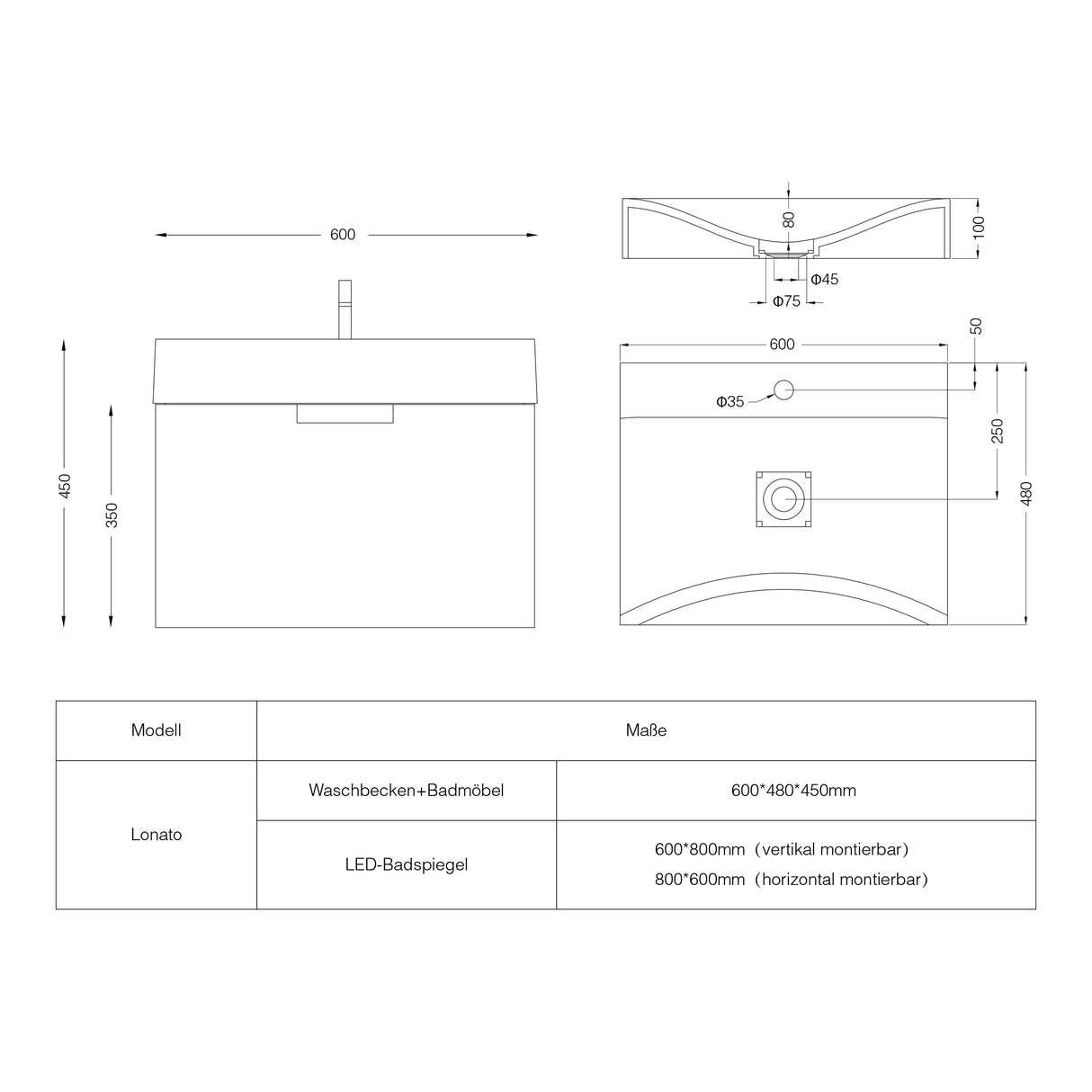 glasvilla Ensemble de Meubles de Salle de Bain | Tiroir à Fermeture Amortie et Montage Mural | Comprend Lavabo Lonato