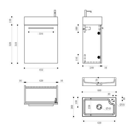 Ensemble de meubles de salle de bain Glasvilla Petit meuble sous-vasque 46 cm Meuble bas avec vasque blanche en fonte minérale pour WC invités Pisa