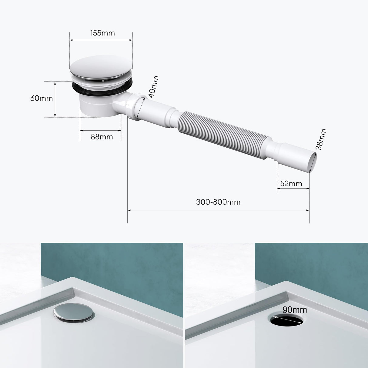 Bonde de douche Glasvilla pour receveur de douche | Diamètre de la douche : 40 mm | Trou d'évacuation : 90 mm AL001