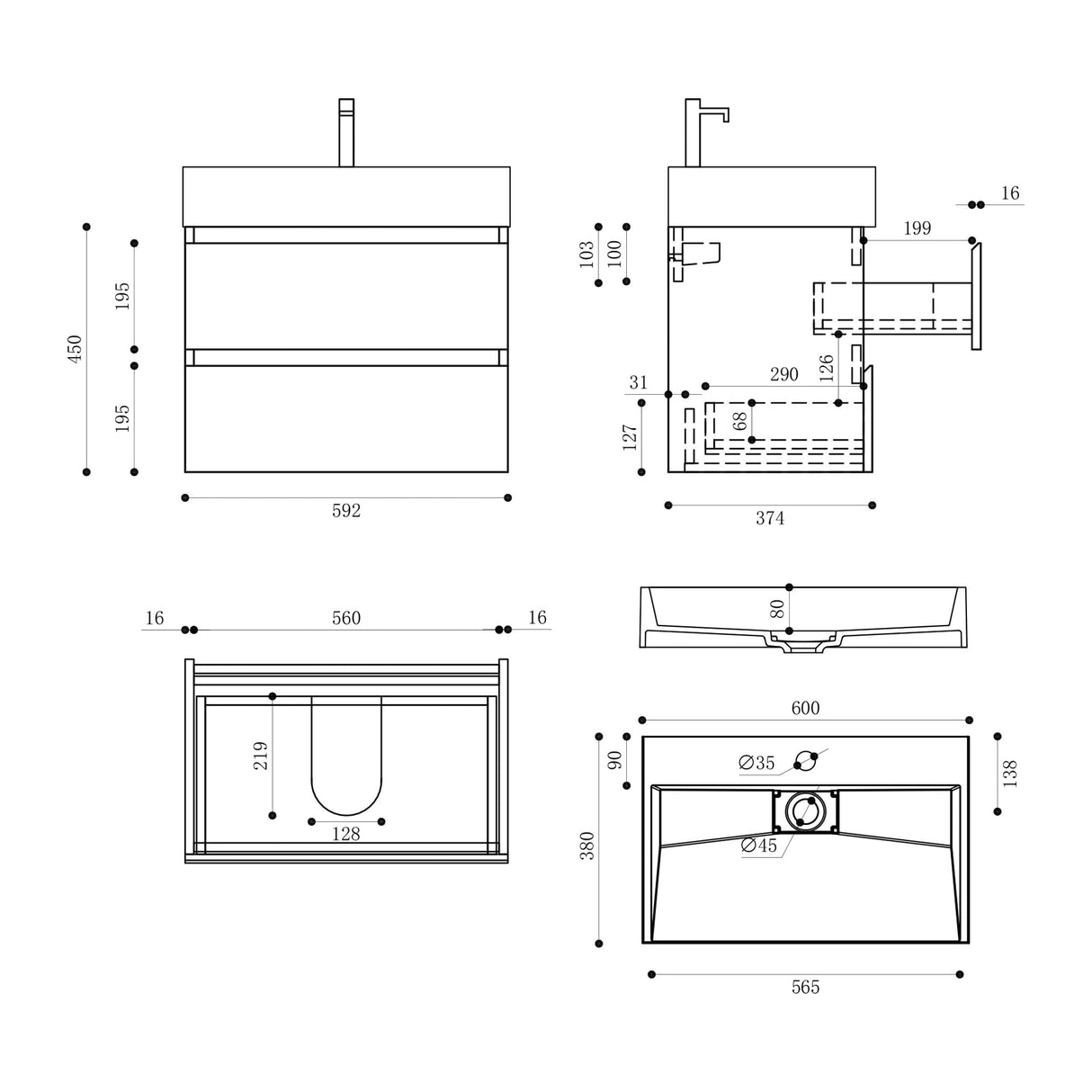 glasvilla Badmöbel-Set Waschbeckenunterschrank Verona mit 2-Schubladen inkl. Waschbecken und Ablaufgarnitur