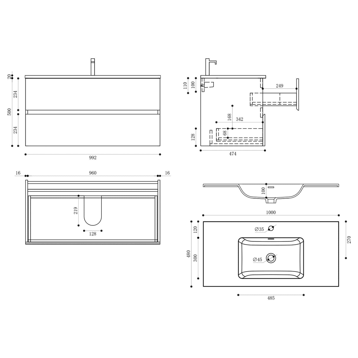 glasvilla Ensemble de Meubles de Salle De Bain Vasque avec Meuble Sous Vasque Lavabo en Solid Surface Meuble Sous Lavabo 2 Tiroirs Soft Close Aqualis